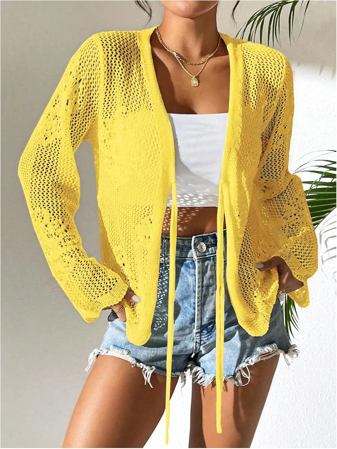 Floerns Women's Tie Front Crochet Lightweight Long Sleeve Cardigan Sweaters Boho Beach Hollow Out Lace Cover Up