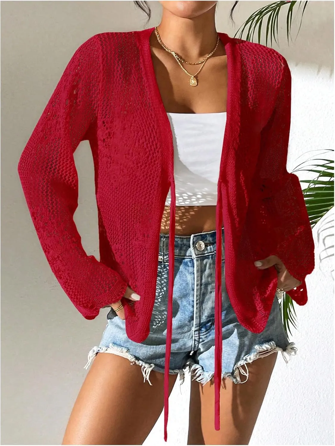 Floerns Women's Tie Front Crochet Lightweight Long Sleeve Cardigan Sweaters Boho Beach Hollow Out Lace Cover Up