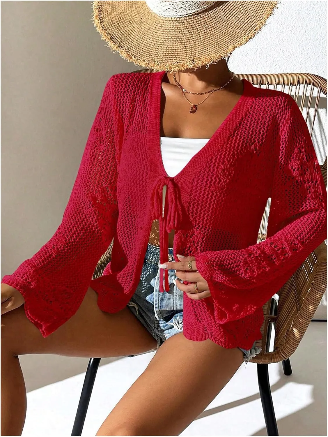 Floerns Women's Tie Front Crochet Lightweight Long Sleeve Cardigan Sweaters Boho Beach Hollow Out Lace Cover Up