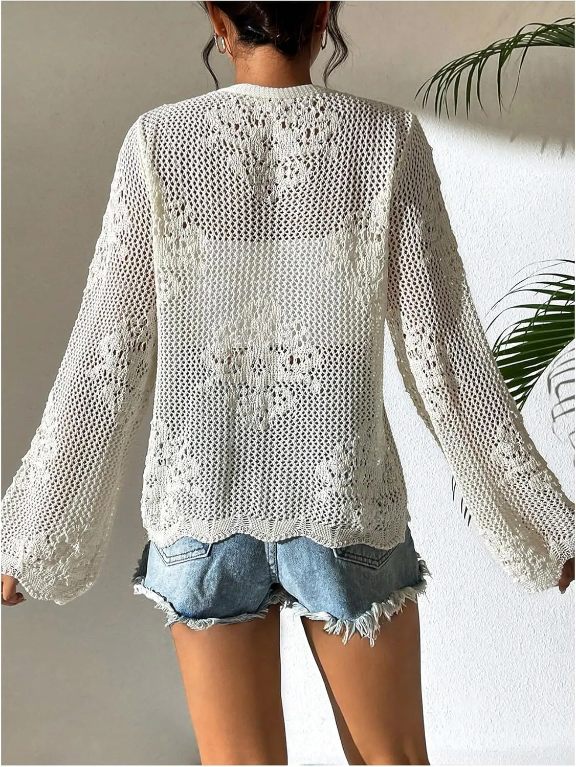 Floerns Women's Tie Front Crochet Lightweight Long Sleeve Cardigan Sweaters Boho Beach Hollow Out Lace Cover Up