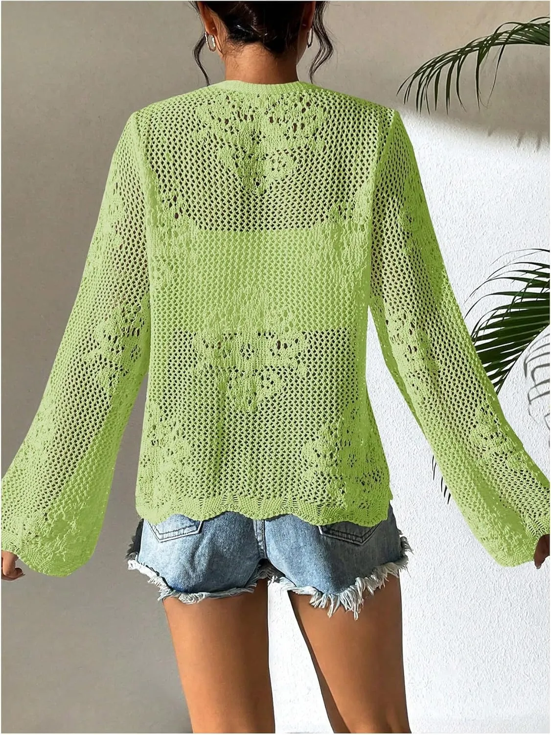 Floerns Women's Tie Front Crochet Lightweight Long Sleeve Cardigan Sweaters Boho Beach Hollow Out Lace Cover Up
