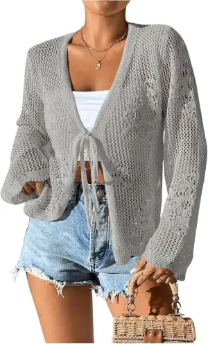Floerns Women's Tie Front Crochet Lightweight Long Sleeve Cardigan Sweaters Boho Beach Hollow Out Lace Cover Up