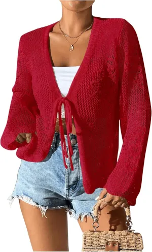 Floerns Women's Tie Front Crochet Lightweight Long Sleeve Cardigan Sweaters Boho Beach Hollow Out Lace Cover Up