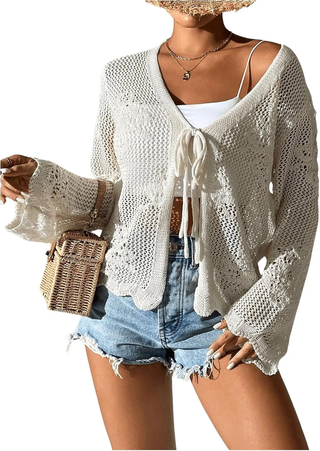 Floerns Women's Tie Front Crochet Lightweight Long Sleeve Cardigan Sweaters Boho Beach Hollow Out Lace Cover Up