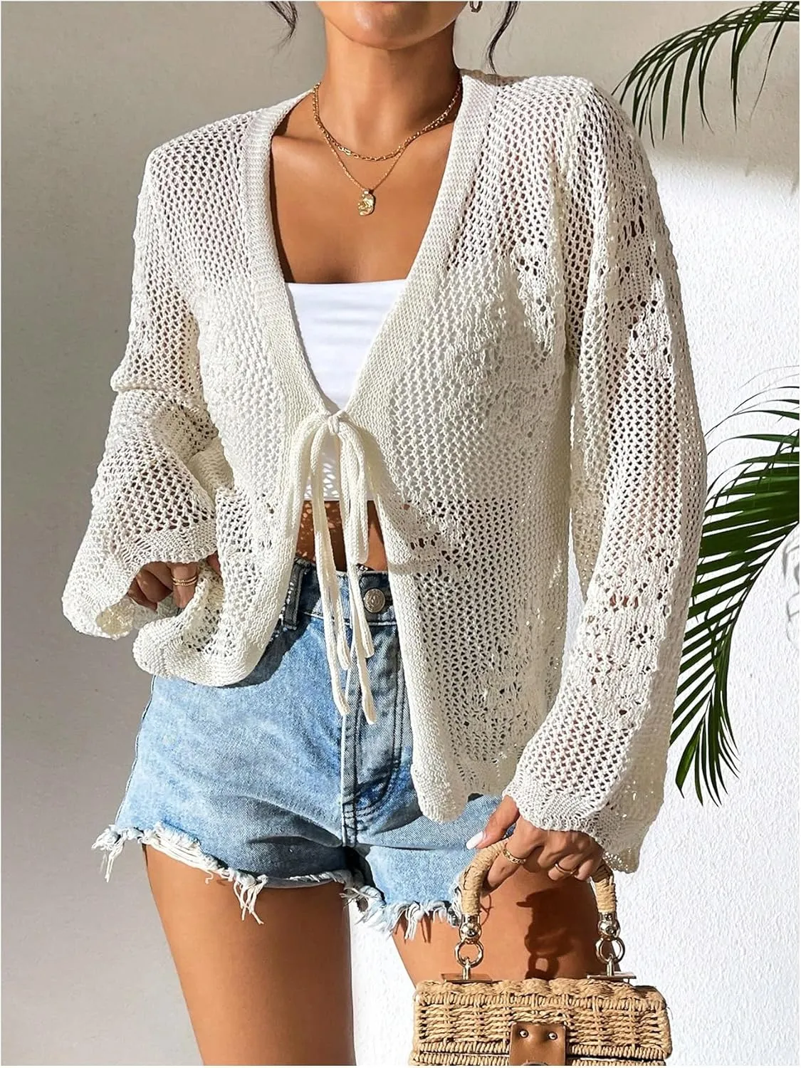 Floerns Women's Tie Front Crochet Lightweight Long Sleeve Cardigan Sweaters Boho Beach Hollow Out Lace Cover Up