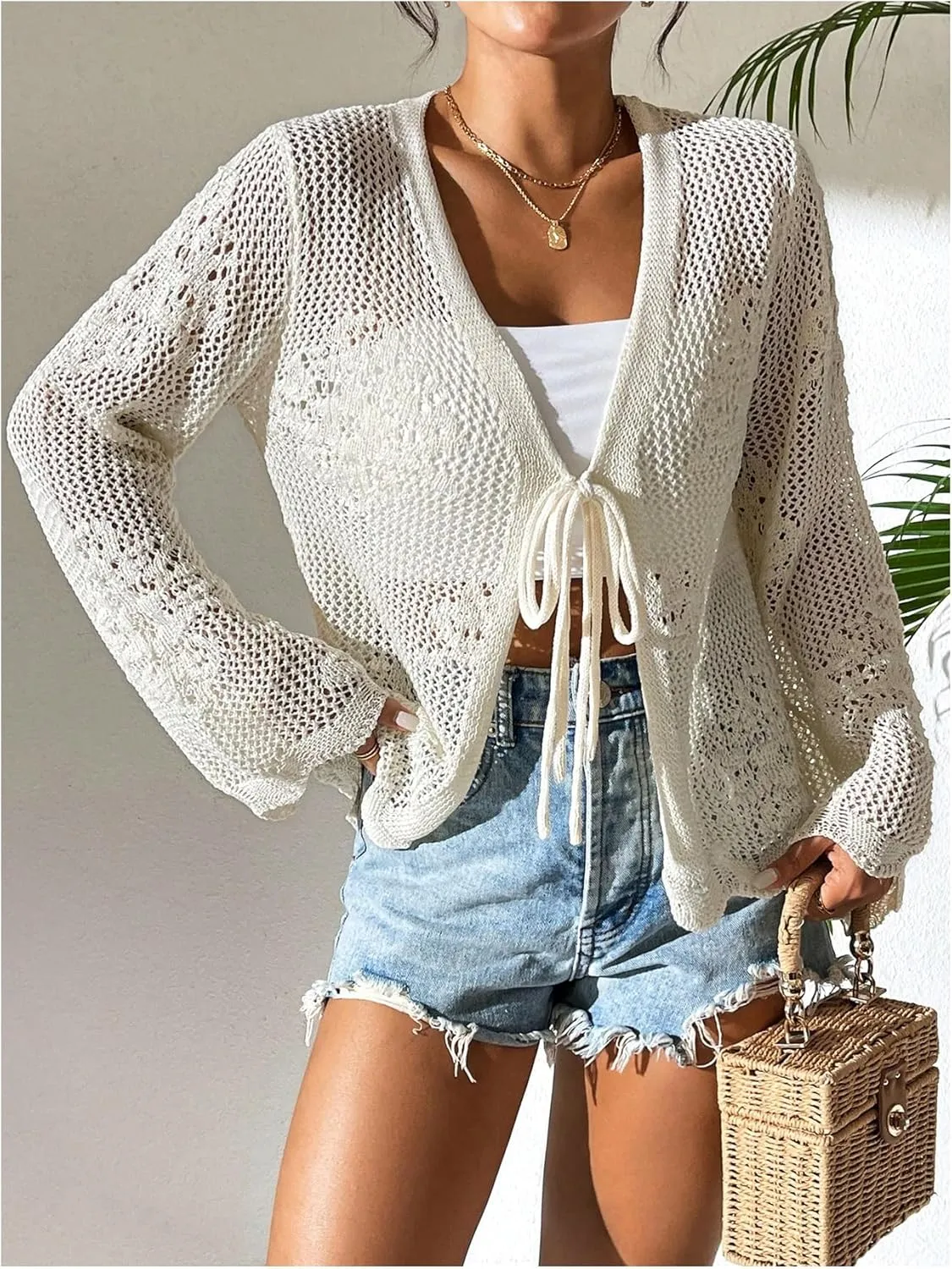 Floerns Women's Tie Front Crochet Lightweight Long Sleeve Cardigan Sweaters Boho Beach Hollow Out Lace Cover Up