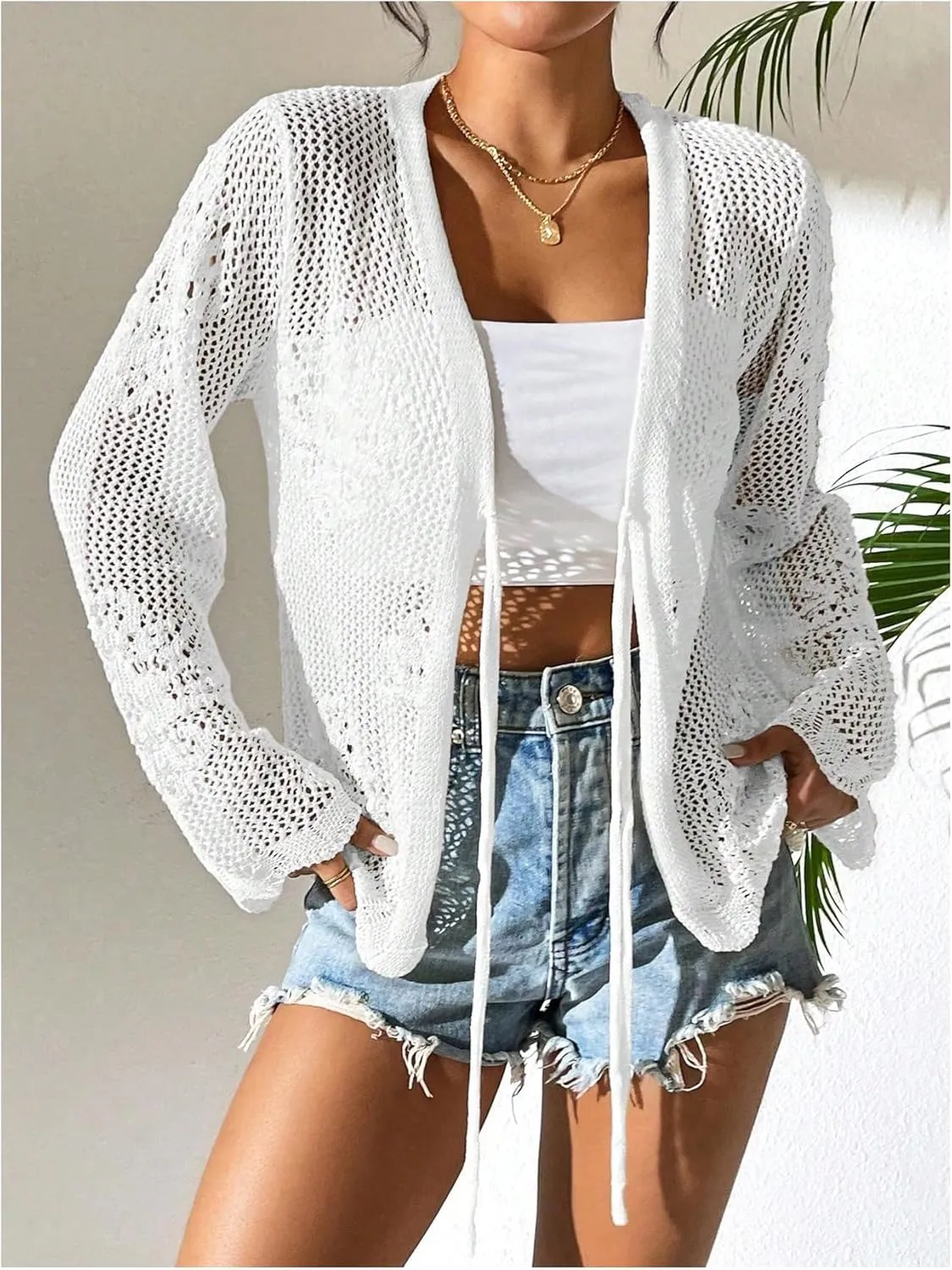 Floerns Women's Tie Front Crochet Lightweight Long Sleeve Cardigan Sweaters Boho Beach Hollow Out Lace Cover Up