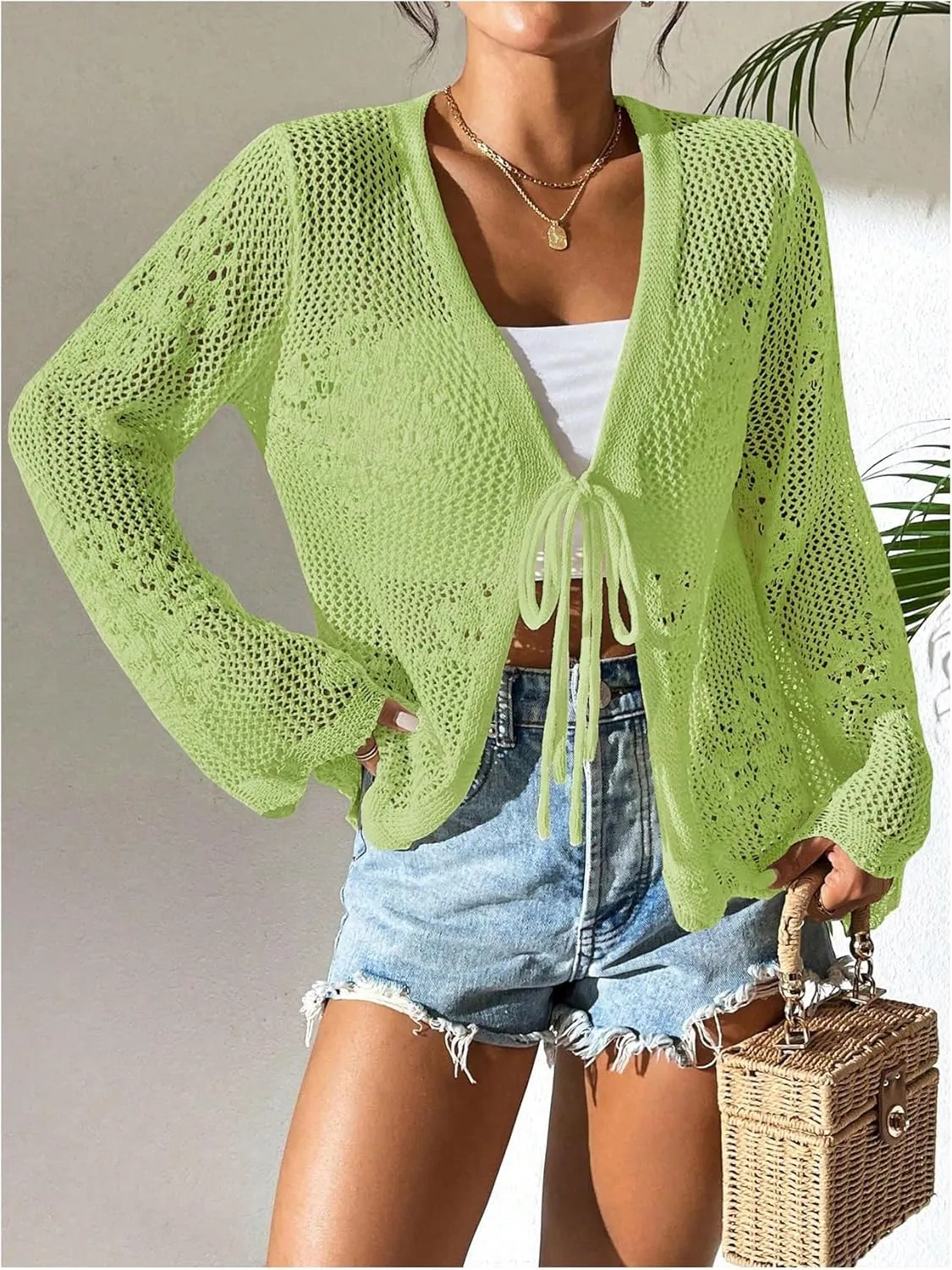 Floerns Women's Tie Front Crochet Lightweight Long Sleeve Cardigan Sweaters Boho Beach Hollow Out Lace Cover Up