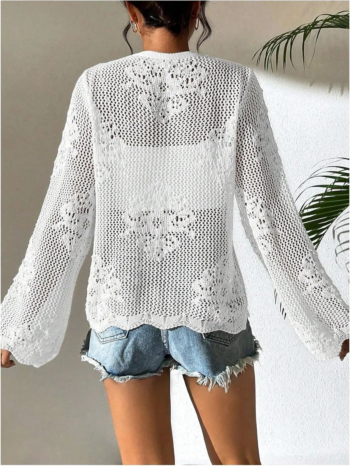 Floerns Women's Tie Front Crochet Lightweight Long Sleeve Cardigan Sweaters Boho Beach Hollow Out Lace Cover Up