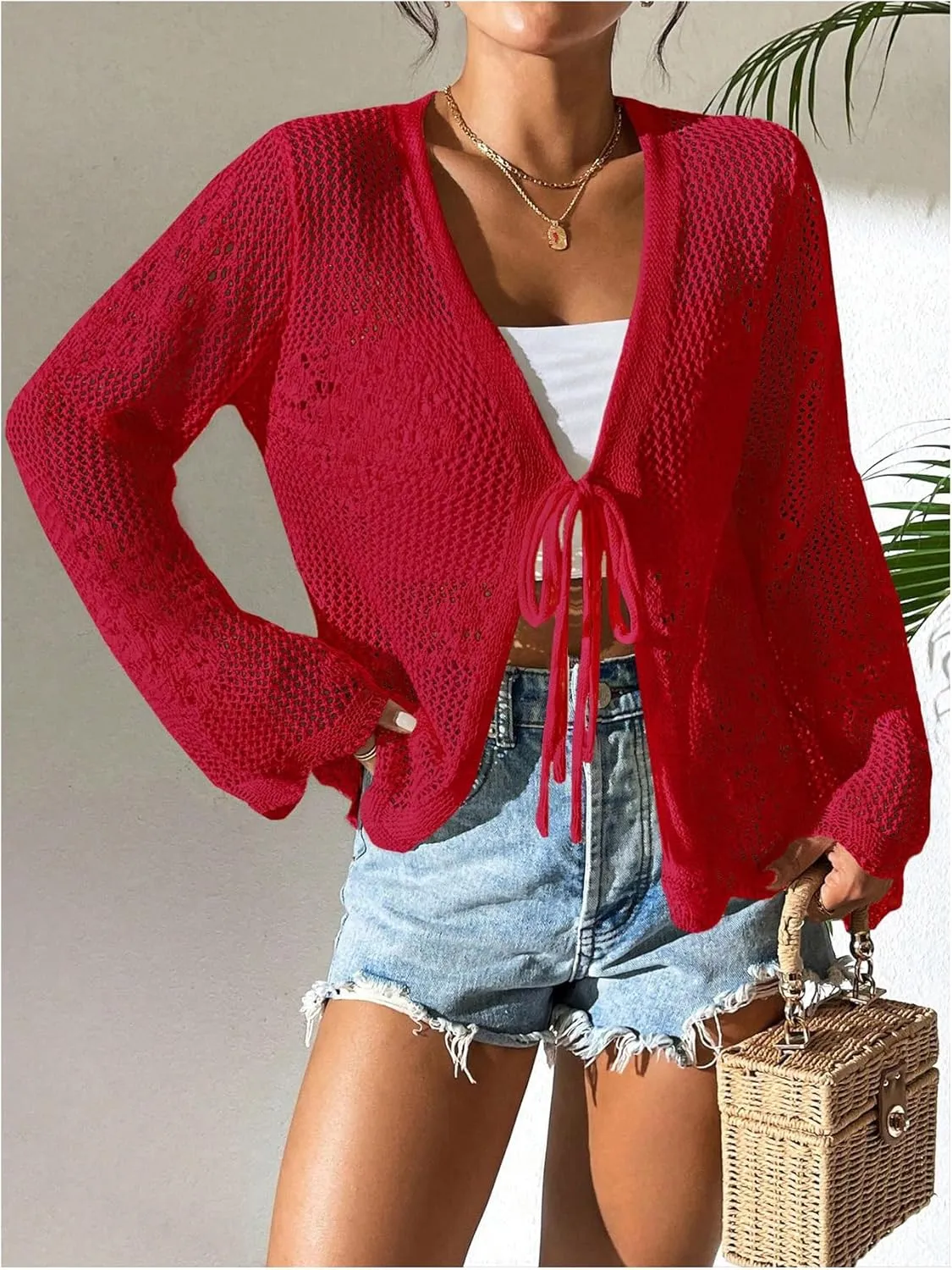 Floerns Women's Tie Front Crochet Lightweight Long Sleeve Cardigan Sweaters Boho Beach Hollow Out Lace Cover Up