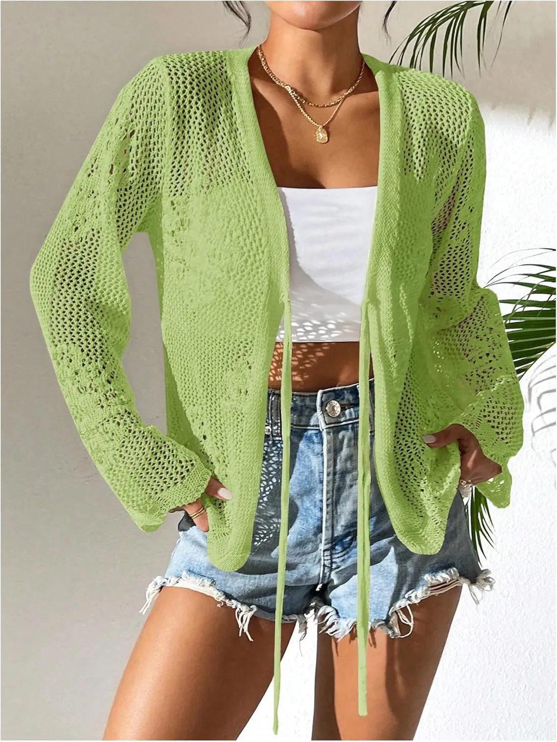 Floerns Women's Tie Front Crochet Lightweight Long Sleeve Cardigan Sweaters Boho Beach Hollow Out Lace Cover Up