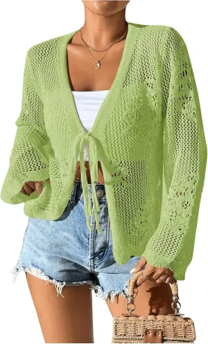 Floerns Women's Tie Front Crochet Lightweight Long Sleeve Cardigan Sweaters Boho Beach Hollow Out Lace Cover Up