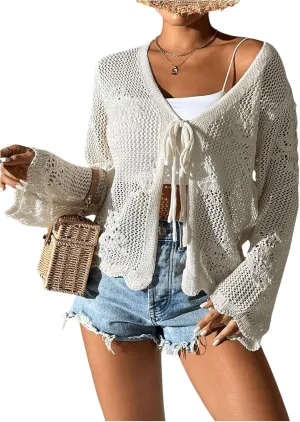 Floerns Women's Tie Front Crochet Lightweight Long Sleeve Cardigan Sweaters Boho Beach Hollow Out Lace Cover Up