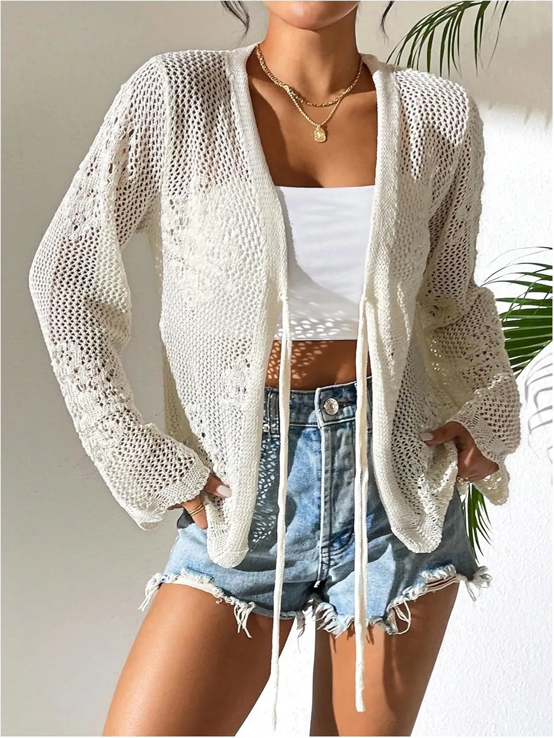 Floerns Women's Tie Front Crochet Lightweight Long Sleeve Cardigan Sweaters Boho Beach Hollow Out Lace Cover Up