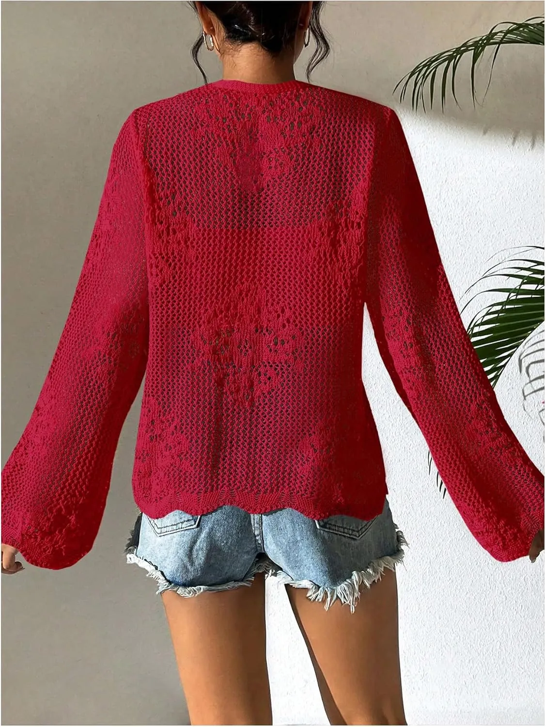 Floerns Women's Tie Front Crochet Lightweight Long Sleeve Cardigan Sweaters Boho Beach Hollow Out Lace Cover Up