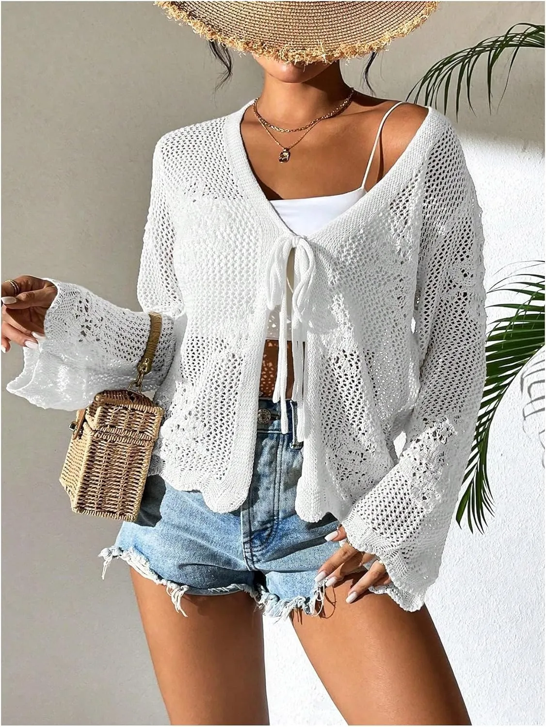 Floerns Women's Tie Front Crochet Lightweight Long Sleeve Cardigan Sweaters Boho Beach Hollow Out Lace Cover Up