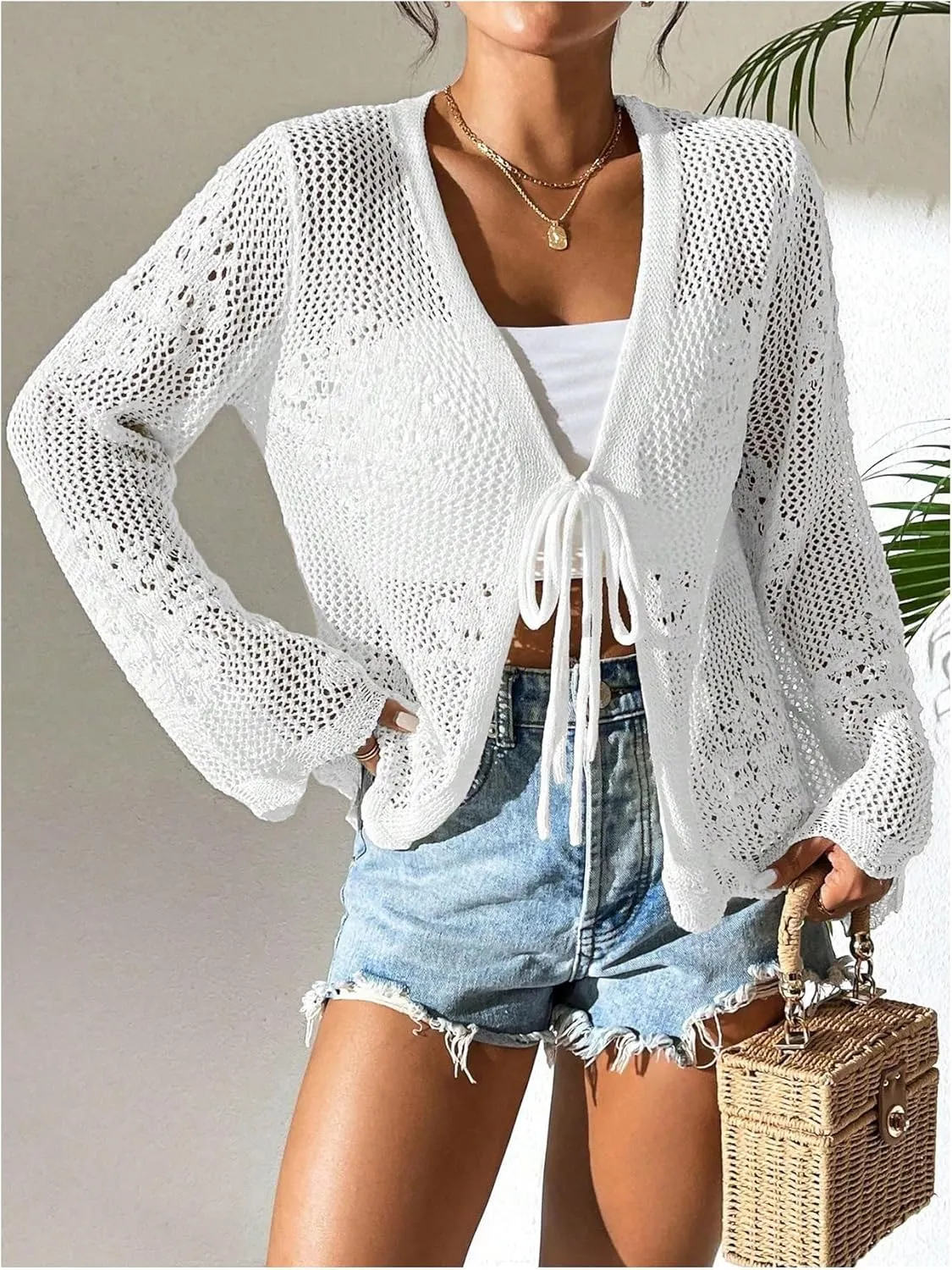 Floerns Women's Tie Front Crochet Lightweight Long Sleeve Cardigan Sweaters Boho Beach Hollow Out Lace Cover Up