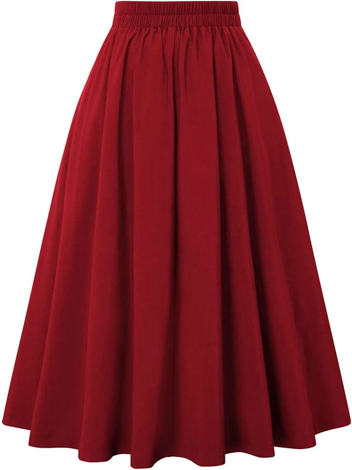Flowy Pleated Midi Skirt for Women Elastic High Waist Summer Solid Color Retro Skirts Elegant Party Skirt