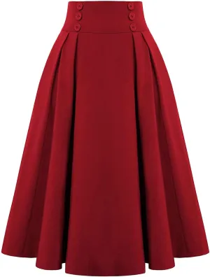 Flowy Pleated Midi Skirt for Women Elastic High Waist Summer Solid Color Retro Skirts Elegant Party Skirt