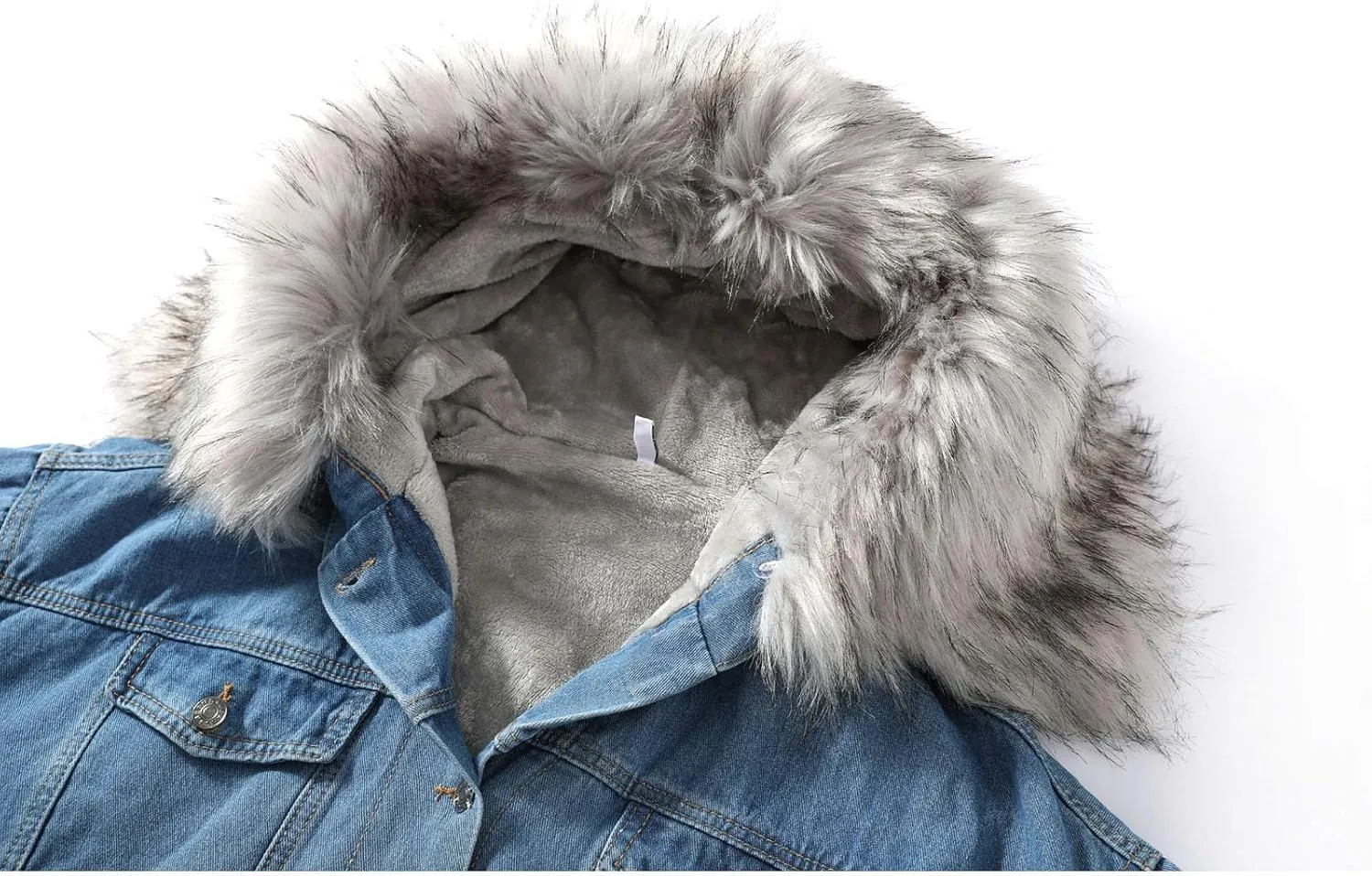 Flygo Women's Oversized Warm Sherpa Lined Faux Fur Hooded Denim Jacket Jean Coat