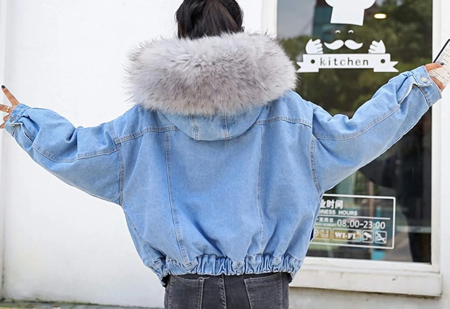 Flygo Women's Oversized Warm Sherpa Lined Faux Fur Hooded Denim Jacket Jean Coat