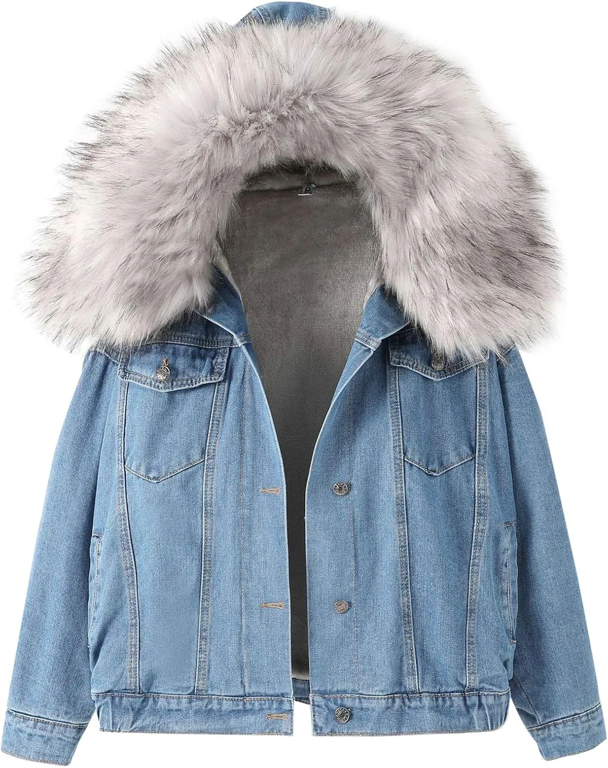 Flygo Women's Oversized Warm Sherpa Lined Faux Fur Hooded Denim Jacket Jean Coat