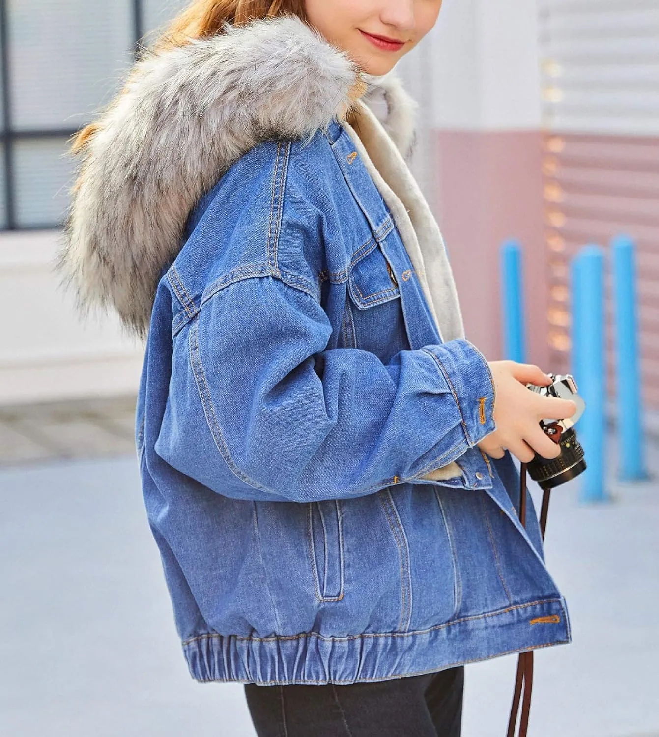 Flygo Women's Oversized Warm Sherpa Lined Faux Fur Hooded Denim Jacket Jean Coat