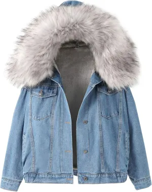 Flygo Women's Oversized Warm Sherpa Lined Faux Fur Hooded Denim Jacket Jean Coat