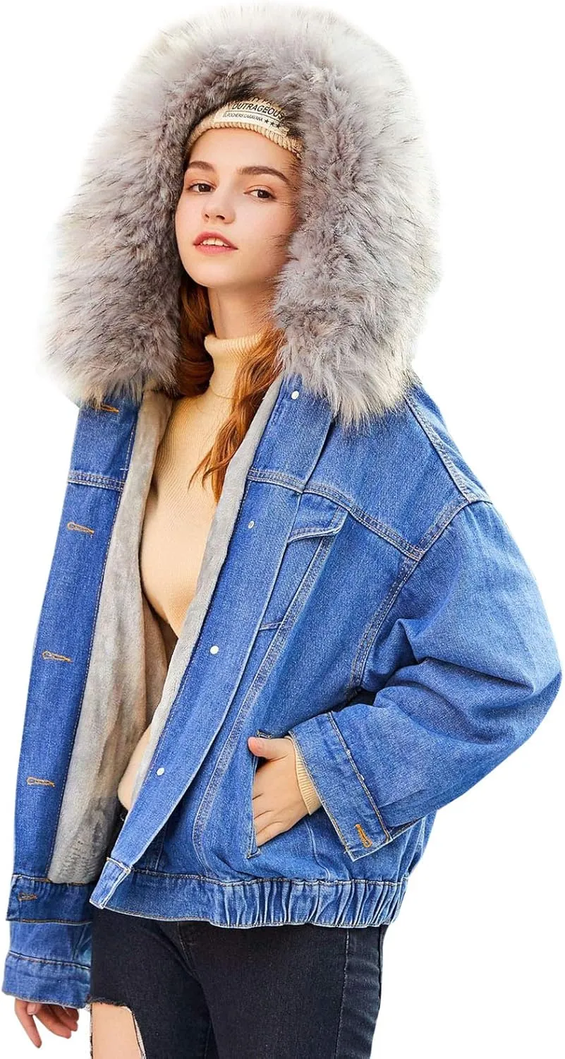 Flygo Women's Oversized Warm Sherpa Lined Faux Fur Hooded Denim Jacket Jean Coat