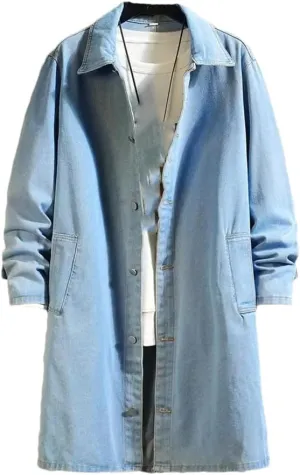 Fnfmrfmr Men Long Washed Retro Denim Jacket Long Sleeves Buttons Trench Coat Solid Pocket Outerwear