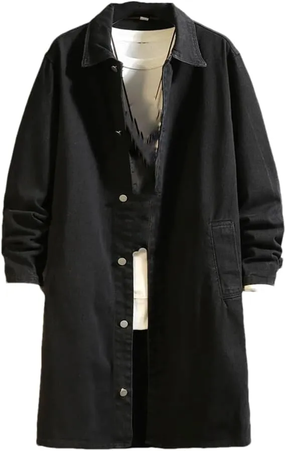 Fnfmrfmr Men Long Washed Retro Denim Jacket Long Sleeves Buttons Trench Coat Solid Pocket Outerwear