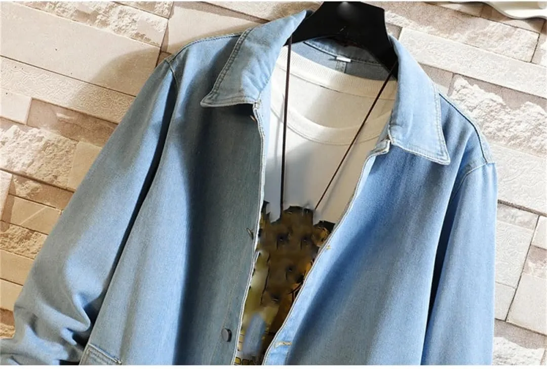 Fnfmrfmr Men Long Washed Retro Denim Jacket Long Sleeves Buttons Trench Coat Solid Pocket Outerwear