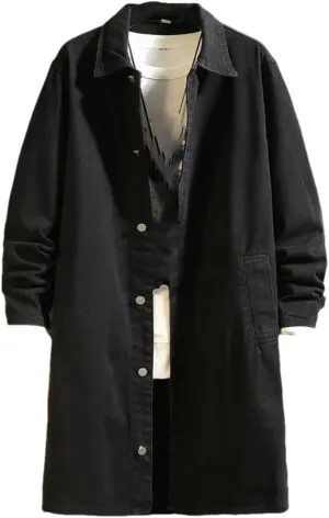 Fnfmrfmr Men Long Washed Retro Denim Jacket Long Sleeves Buttons Trench Coat Solid Pocket Outerwear