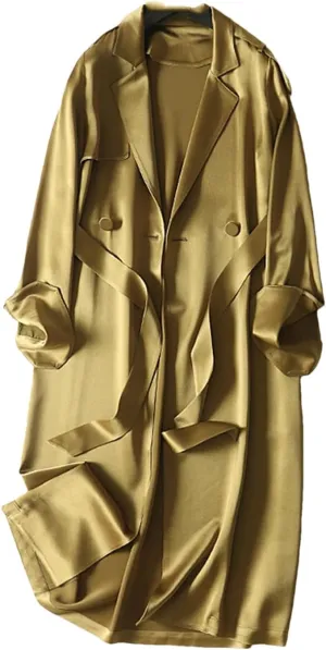 Fnfmrfmr Women Solid Double Breasted Belt Windbreaker Lapel Long Soft Flowy Satin Trench Coat