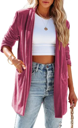 Fronage Women's Business Velvet Blazer Jacket Casual Long Sleeve Lapel Collar Blazer Suits Tops Long Cardigan Outerwear