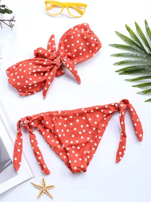 Front Strapless Bowknot String Polka Dot Tie Bikinis Swimsuits