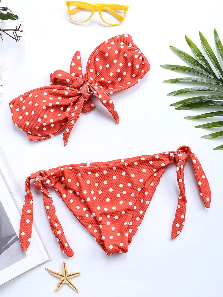 Front Strapless Bowknot String Polka Dot Tie Bikinis Swimsuits