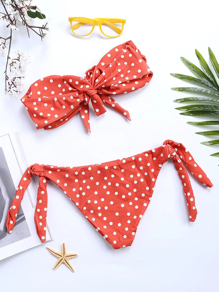 Front Strapless Bowknot String Polka Dot Tie Bikinis Swimsuits