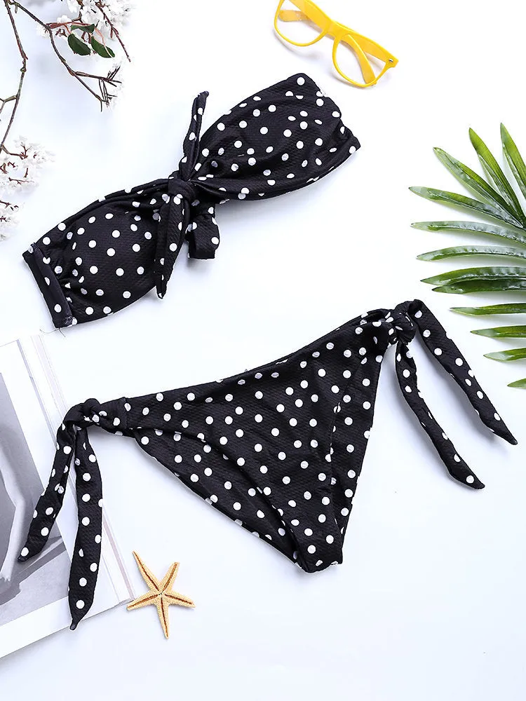 Front Strapless Bowknot String Polka Dot Tie Bikinis Swimsuits
