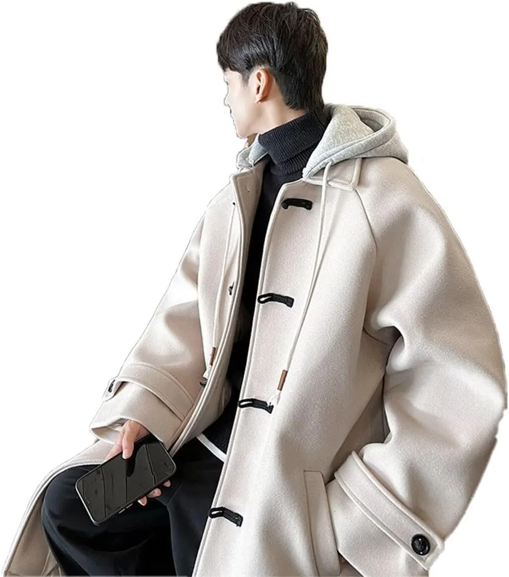 FTIMILD Mens Trench Coat Single Breasted Long Coat with Detachable Hood Winter Warm Coat Outerwear PeaCoat
