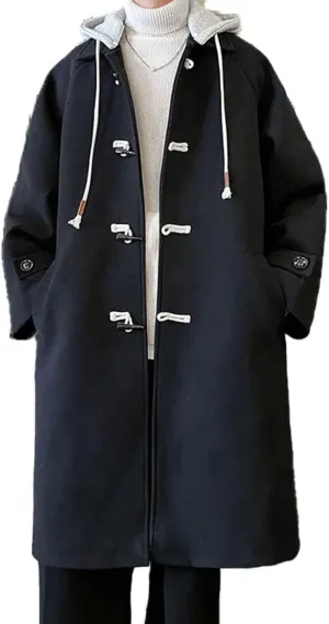 FTIMILD Mens Trench Coat Single Breasted Long Coat with Detachable Hood Winter Warm Coat Outerwear PeaCoat