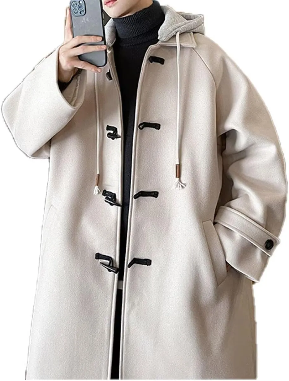 FTIMILD Mens Trench Coat Single Breasted Long Coat with Detachable Hood Winter Warm Coat Outerwear PeaCoat