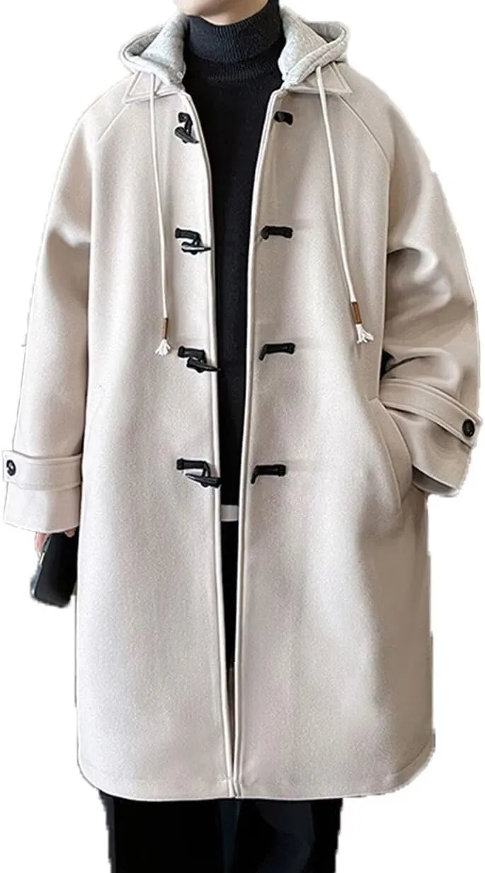 FTIMILD Mens Trench Coat Single Breasted Long Coat with Detachable Hood Winter Warm Coat Outerwear PeaCoat