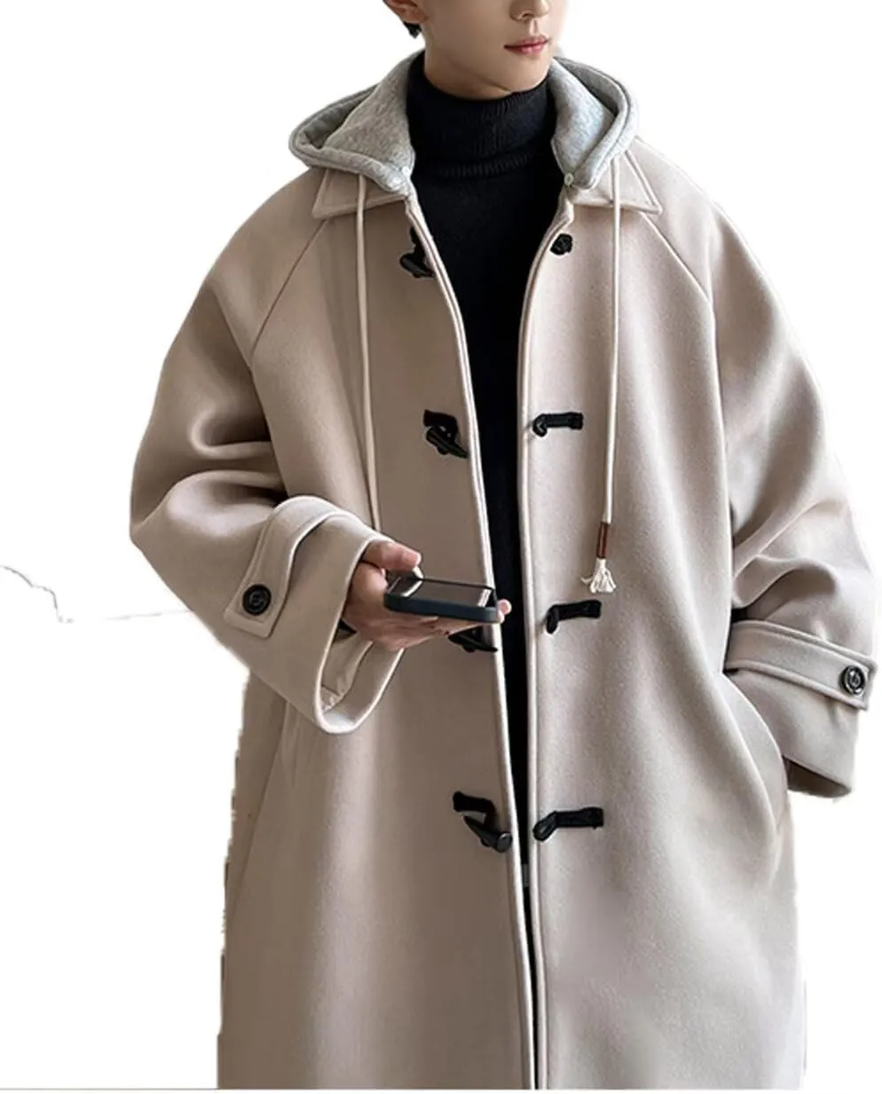 FTIMILD Mens Trench Coat Single Breasted Long Coat with Detachable Hood Winter Warm Coat Outerwear PeaCoat