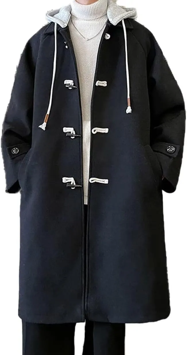 FTIMILD Mens Trench Coat Single Breasted Long Coat with Detachable Hood Winter Warm Coat Outerwear PeaCoat
