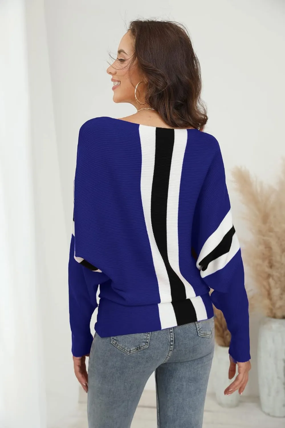 FULIER Women Oversized Boat Neck Batwing Sleeves Dolman Knitted Sweaters Lightweight Pullovers Tops One Size