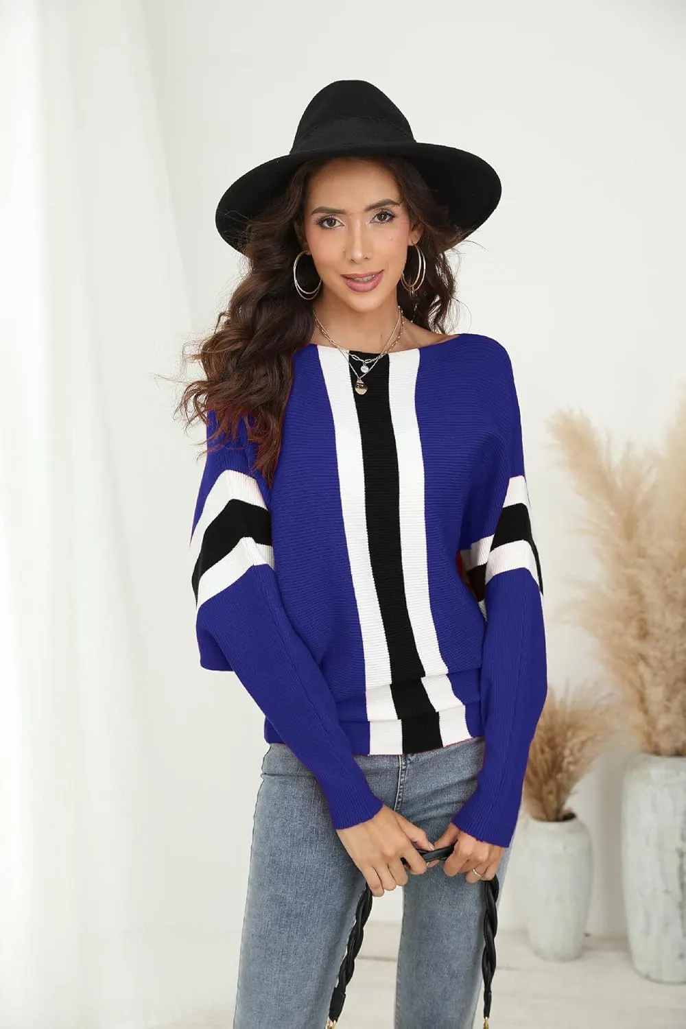 FULIER Women Oversized Boat Neck Batwing Sleeves Dolman Knitted Sweaters Lightweight Pullovers Tops One Size