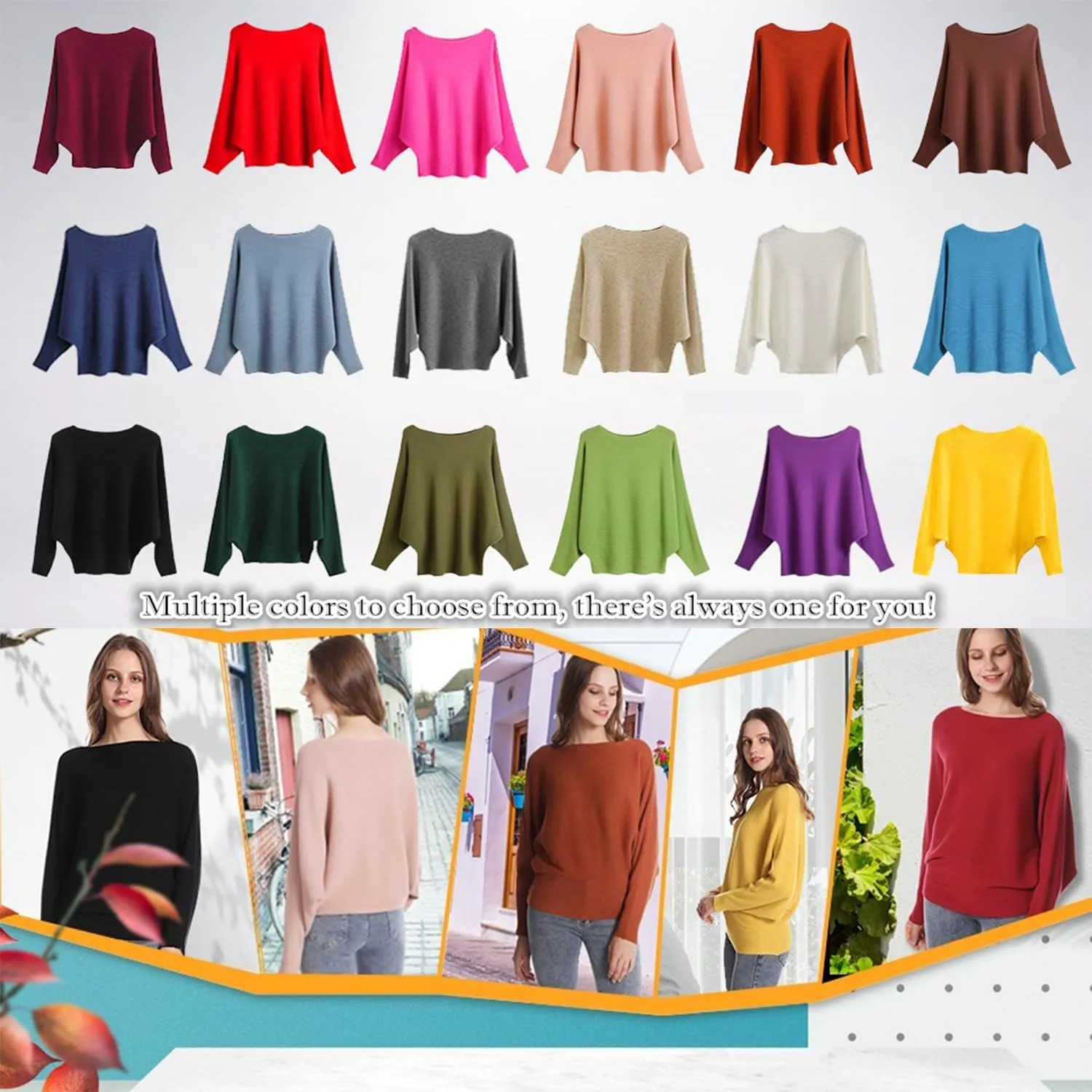 FULIER Women Oversized Boat Neck Batwing Sleeves Dolman Knitted Sweaters Lightweight Pullovers Tops One Size