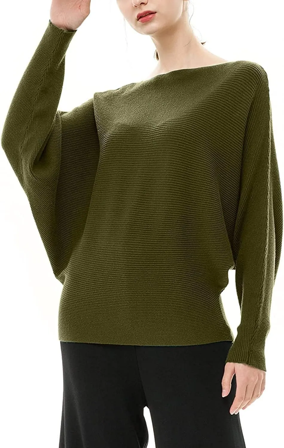 FULIER Women Oversized Boat Neck Batwing Sleeves Dolman Knitted Sweaters Lightweight Pullovers Tops One Size
