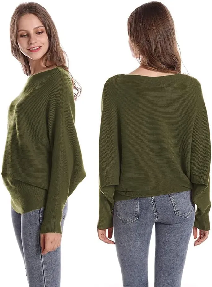 FULIER Women Oversized Boat Neck Batwing Sleeves Dolman Knitted Sweaters Lightweight Pullovers Tops One Size